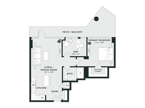 A floor plan of a home with a living room, dining room, kitchen, and bathroom.